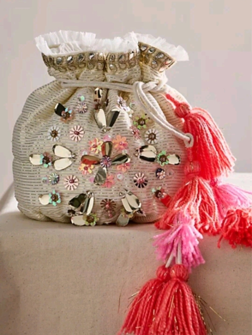 Free People Seasons Sparkle Mini Gift Embellished Ivory Drawstring Tassel Bag